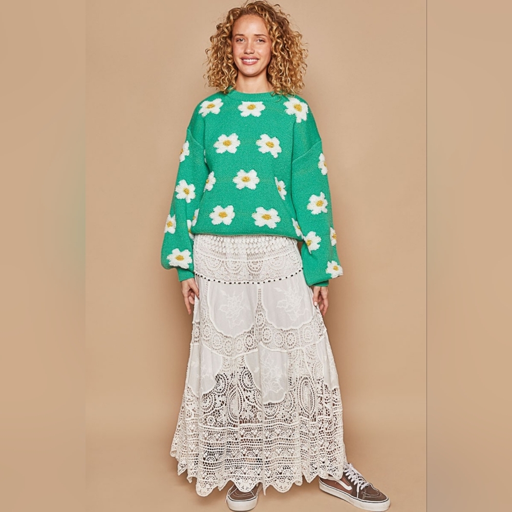 POL Green Daisy Pattern Drop Shoulder Sweater
